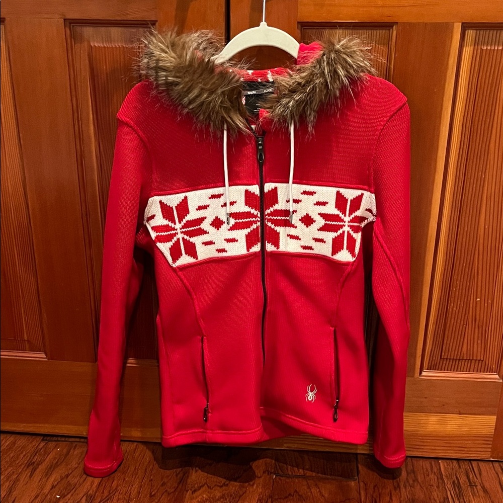 Spyder Red Jacket with Fur Trim and Snowflake Pattern